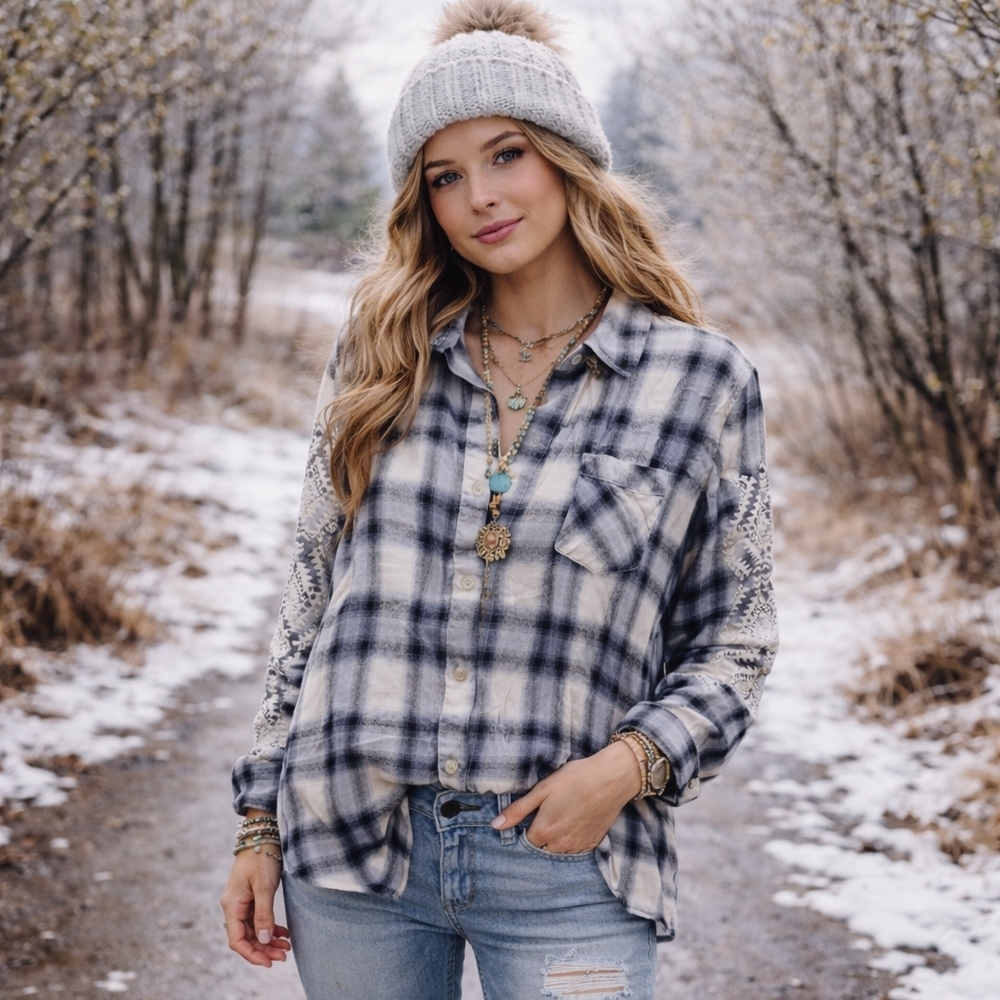 Stetson Boho Western Plaid Button Up Shirt Embroidered Sleeves Cotton Feel